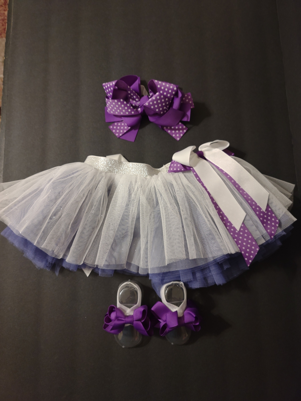 Purple and White Tutu Set with Matching Bows and Shoe Bows - Kids Costume